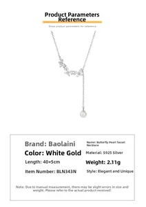 Macro detail of S925 silver butterfly necklace with pearls and product dimensions