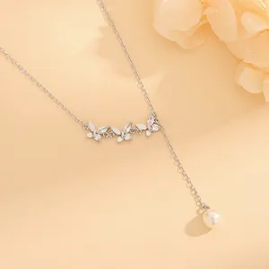 Elegant S925 silver butterfly necklace with sparkling zircon and pearl drop pendant