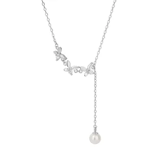 Elegant S925 silver Y-shaped butterfly necklace with pearls and sparkling zirconia stones