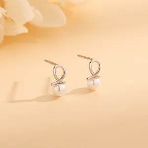 925 Sterling Silver Artificial Pearl Stud Earrings Minimalist Knot Design Gold Plated French Elegant Jewelry For Women For Wedding Party