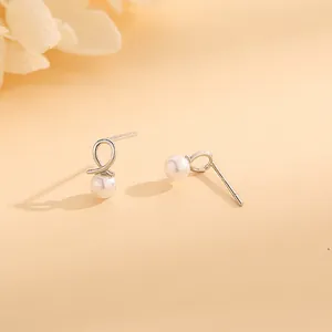 Elegant S925 sterling silver twisted loop stud earrings with round white pearls