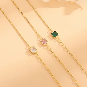 Französisches Vintage S925 Sterlingsilber Quadratisches Smaragd Rosa Zirkonia Armband Für Damen Goldene AB-Kette Schmuck