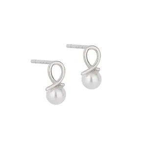 Elegant S925 sterling silver ribbon knot earrings with white hanging pearl pendants