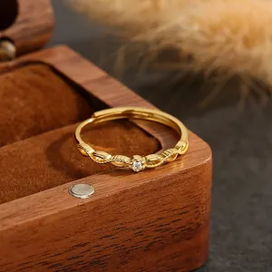 Bague ouverte en argent S925 avec diamant unique et texture de tissage sculptée