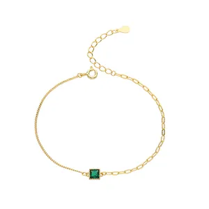Französisches Vintage S925 Silberarmband mit smaragdgrünem Zirkon und asymmetrischer Goldkette