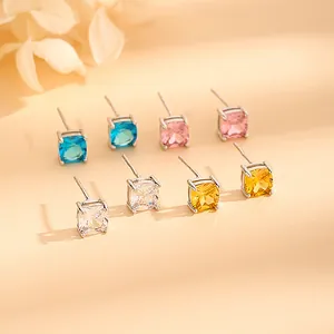 Vintage geometric square stud earrings in assorted yellow blue pink and white zircon stones