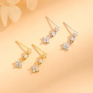 Sparkling S925 sterling silver four-leaf clover drop earrings with micro-pave zirconia