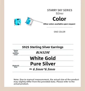 Detailed size chart and specs for S925 sterling silver square blue zircon stud earrings