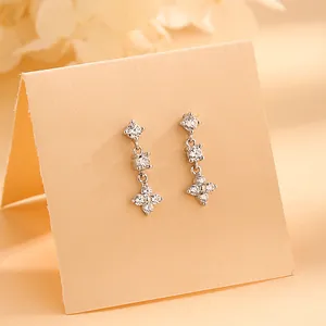 Sparkling S925 sterling silver four-leaf clover drop earrings with brilliant zircons
