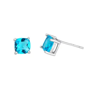 S925 sterling silver stud earrings featuring square-cut blue cubic zirconia in a 4-prong setting