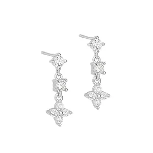Elegant S925 sterling silver four-leaf clover drop earrings with sparkling zircon stones