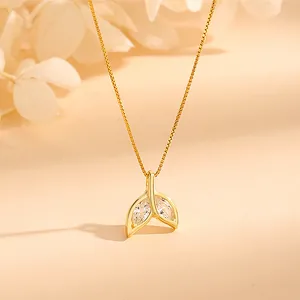 925 Sterling Silver Whale Tail Pendant Necklace With Zirconia Elegant Sweet Fish Tail Box Chain Jewelry For Women Gift