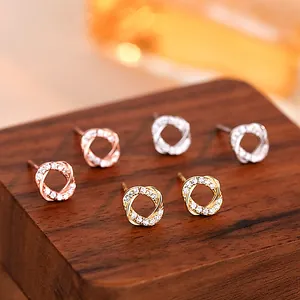 S925 silver hollow oval earrings with zircon inlay in gold, silver, and rose gold
