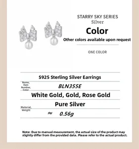 Detail view of S925 sterling silver bow knot pearl stud earrings with zircon insets