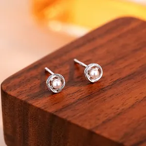 Orecchini a Bottone Tondi a Spirale Cavi in Argento Sterling 925 Con Perla per Donna Gioielli Vintage Minimalisti Placcati Oro