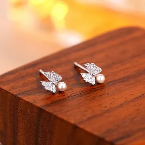 925 Sterling Silver Earring Post Bow Knot Artificial Pearl Stud Earrings For Women Zirconia Butterfly Mini Jewelry Earrings Gift
