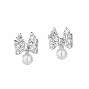 Elegant S925 silver bow earrings with zircon micro-pave and hanging white pearls