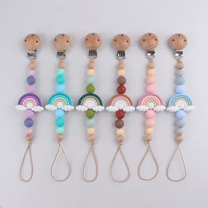Handmade Silicone Rainbow Pacifier Clip Soothing Teether Chain For Baby Natural Wood Beads Anti-Lost Holder Shower Gift
