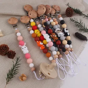 Handgemaakt Speenkoord Baby Siliconen Kralen Beukenhout Bijtring Ketting Dier Tekenfilm Speenhouder Baby Fopspeenriem