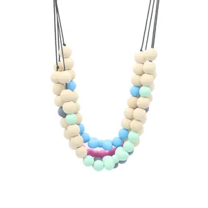 Collier de Dentition en Silicone pour Bébé Perles en Bois Naturel Pendentif Nœud Jouet de Dentition pour Nourrissons Sans BPA