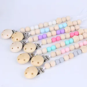 Baby Pacifier Clip Wooden Silicone Beads Soother Chain Teether Holder For Infants Toddlers Nordic Style Pacifier Leash
