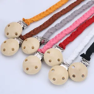 Attache Tétine en Cuir Tressé pour Bébé Clip en Bois et Métal Chaîne de Dentition pour Nourrisson Accessoire Anti Perte Cadeau de Naissance