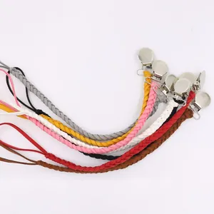 Braided faux leather baby pacifier clips in various colors with round metal clasps