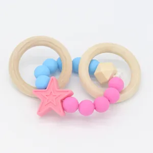 Anello da dentizione per neonati in silicone e legno con perline e ciondolo a stella