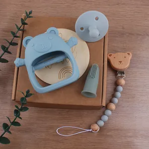 Détails de l'anneau de dentition ours en silicone et attache-tétine en bois pour bébé
