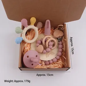 6-piece newborn silicone rattle and pacifier clip gift set in Morandi tones