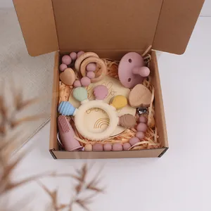 Newborn Silicone Beech Wood Baby Teether Gift Set Soothing Toy Pacifier Clip Finger Toothbrush Toddler Oral Care Morandi Color Infant Present