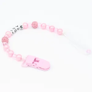 Pink LOVE crystal pearl pacifier clip with rhinestones and square alphabet beads