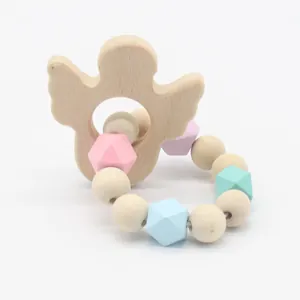Baby teething bracelet with pastel silicone beads and natural beech wood angel teether