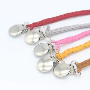 Braided leather baby pacifier clip set in red gray pink yellow and brown tones