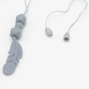 Grey silicone feather teething necklace for babies with geometric beads and safety clasp