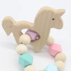 Unicorn beech wood baby teether ring with colorful macaron silicone beads for infant teething