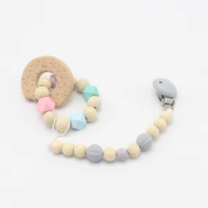 Baby teething bracelet with hedgehog beech wood ring and colorful silicone beads chain