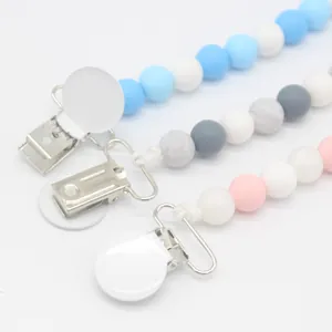 Three multi-colored silicone pacifier clips with food-grade beads for baby safety