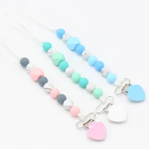 Silicone Baby Pacifier Clip Teething Chain Food Grade BPA Free Infant Soother Holder With Heart Clip Unicorn Beads Accessories