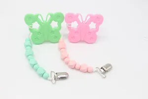 Sujeta chupetes de silicona con diseño de mariposa y cuentas para bebés en dentición