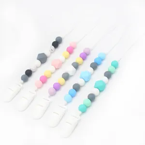 BPA Free Silicone Baby Pacifier Clip Chain Geometric Beads Infant Teether Anti-drop Leash With Plastic Clip Holder For Newborns