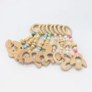 Anneau de Dentition en Bois de Hêtre pour Bébé Perles en Silicone Jouet de Dentition Sensoriel Développement de la Saisie Forme Animale