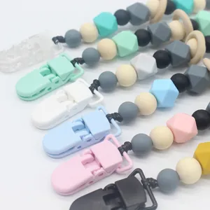 Multi-color silicone and wood bead baby pacifier clips set with secure alligator fasteners