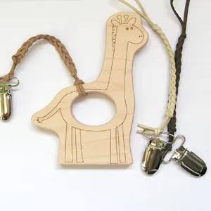 Beech wood giraffe baby teether set with three handmade braided pacifier clips