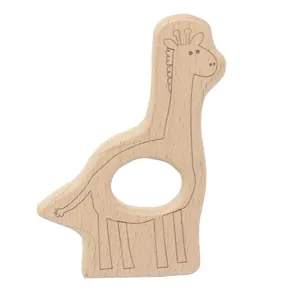 Detail of wooden giraffe baby teether made of natural beech wood for easy grasping