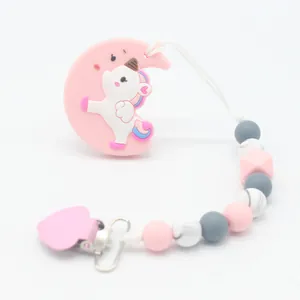 Pink unicorn silicone baby pacifier clip with star beads and heart metal fastener