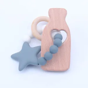 Siliconen ster bijtring met beukenhout en fles hanger voor baby sensorische training