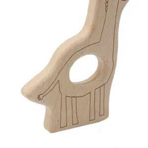 Detail of giraffe wooden baby teether with smooth beech wood texture and easy-grip hole