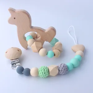 Baby Beech Wood Teether And Silicone Pacifier Clip Holder Animal Alpaca Unicorn Crochet Beads Teething Relief Toy