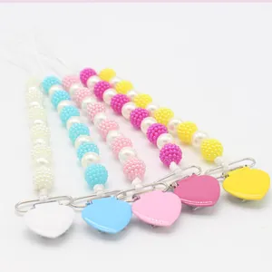 Five-piece baby pacifier clip set with colorful pearl beads and heart-shaped clips